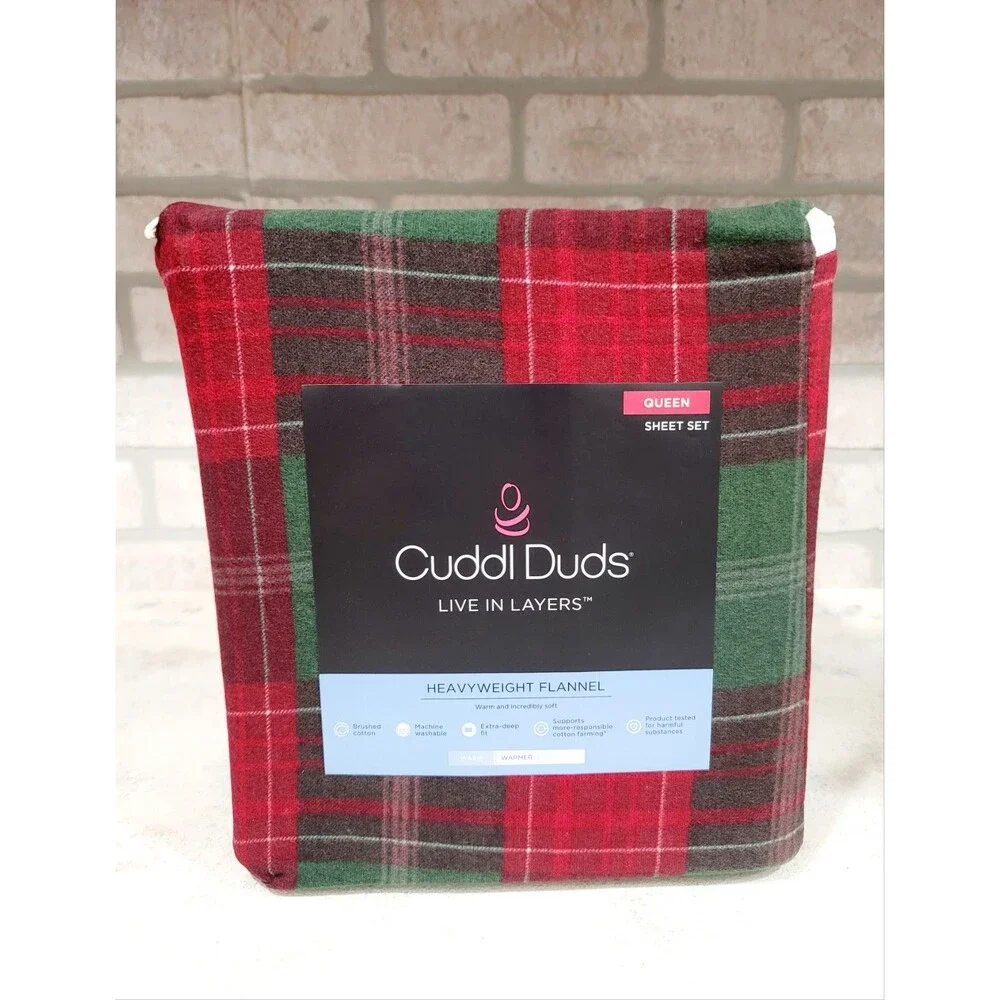 Cuddl Duds Heavyweight Cotton Flannel QUEEN Sheet Set Deep Fit Holiday Plaid